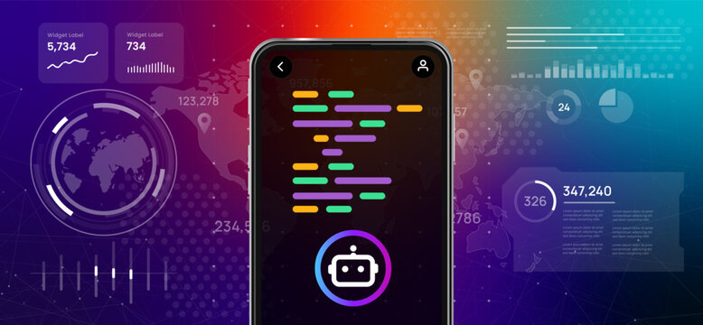 Mobile application for artificial intelligence programming automated code generation robot icon and coding script lines on smartphone screen with data analytics dashboard background