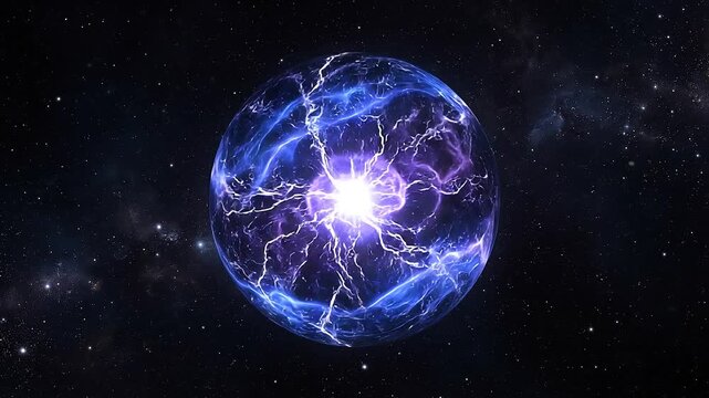 Energy sphere in cosmic expanse: A vibrant orb of raw power pulsates, crackling with energetic veins amidst a canvas of stardust and celestial wonder.