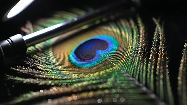 Close-up of a vibrant peacock feather with intricate patterns and iridescent colors.