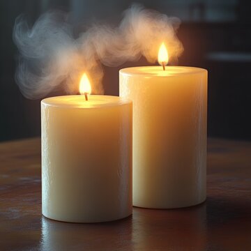 Two lit ivory pillar candles on a wooden table with glowing flames and curling smoke, creating a warm, cozy and tranquil ambiance against a dark blurred background