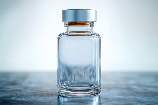 Single clear glass vial with silver metal cap standing on a reflective surface, empty and sterile in a minimal calm clinical setting with soft blurred background lighting