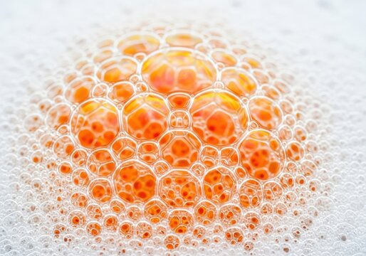 Abstract macro shot of vibrant orange bubbles forming a geometric pattern in soapy water