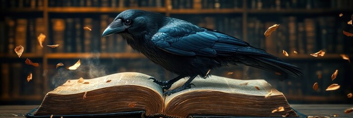 Obraz premium black raven perched on an open antique book in a dim library surrounded by drifting autumn leaves and warm glowing shelves, evoking mystery and quiet contemplation