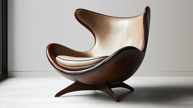 sculptural curved wooden lounge chair with cream leather cushions in a minimalist room by a window, elegant and cozy