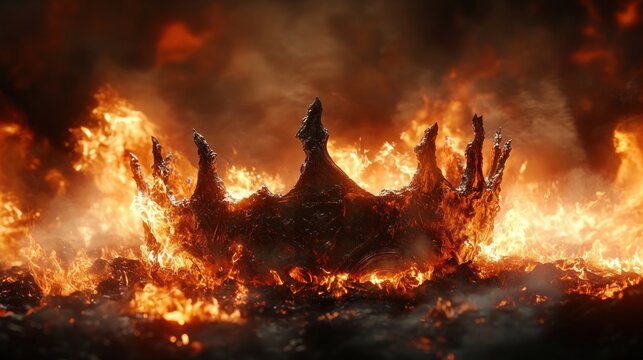 charred crown half‑melted in roaring flames and smoking ash, dramatic ominous scene of downfall and fiery destruction