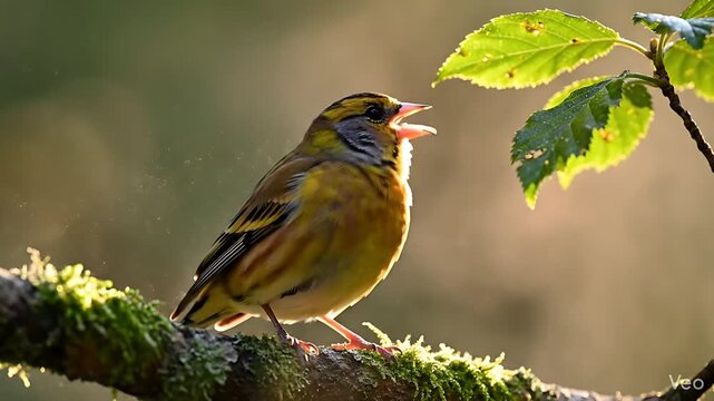Close-up of a vibrant yellow bird perched on a mossy branch, singing in the golden sunlight.