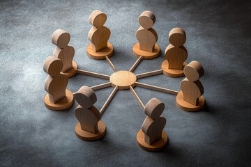 Obraz premium wooden peg people arranged in a circle connected to a central hub with wooden spokes on a dark textured surface, conveying unity and collaboration