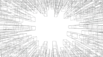 Abstract architectural background with wireframe city buildings © Saharia