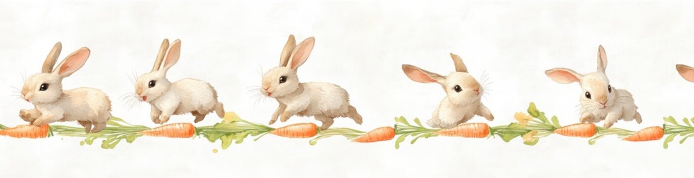 row of playful watercolor baby rabbits with carrots and green leaves on a pale background, whimsical and gentle