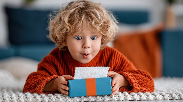 A delighted child eagerly opens a present, embodying the pure joy and excitement of gift-giving moments, celebrated in a cozy and inviting indoor space.