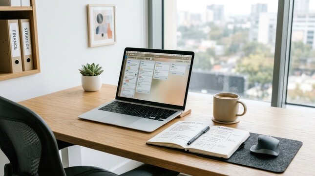 A modern office desk with a laptop displaying a project management software, a notebook, pen, mug, and a plant.