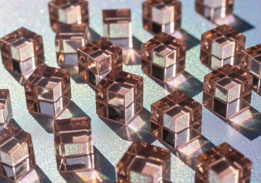 A collection of small, transparent ambercolored cubes arranged in a grid pattern on a textured surface, casting shadows