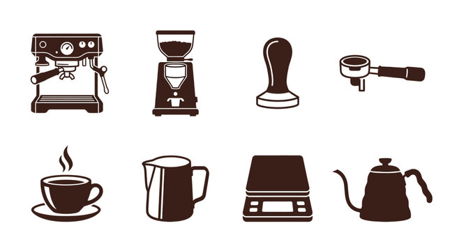 Various coffee-making equipment including an espresso machine, grinder, and kettle on a white background