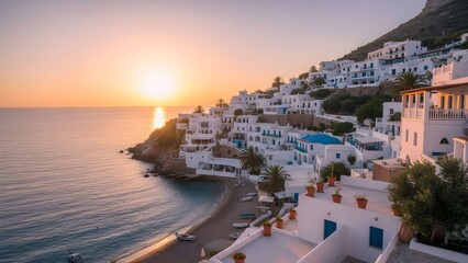 Fototapeta premium Whitewashed Mediterranean Coastal Town with Sea View and Copy Space at Sunset