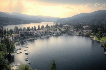 Obraz premium aerial view of a peaceful lakeside town with docks and boats, clustered houses along a calm bay, tree-covered hills and distant mountains under a golden sunset sky