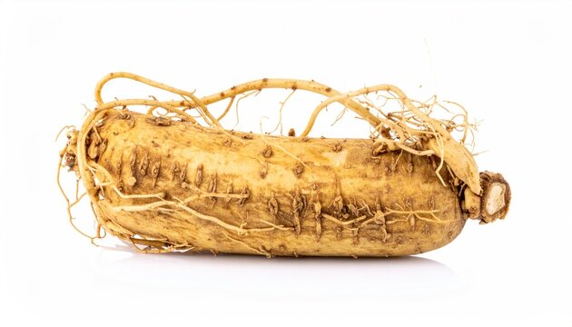 A single, whole, raw ginseng root with fine rootlets and a textured surface, isolated on a white background.