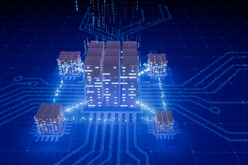 Fototapeta premium Network of computers connects in a digital landscape with bright lights and circuits