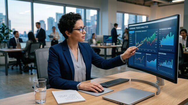 A woman in a professional setting, likely an office, pointing at a large computer screen displaying financial analytics.