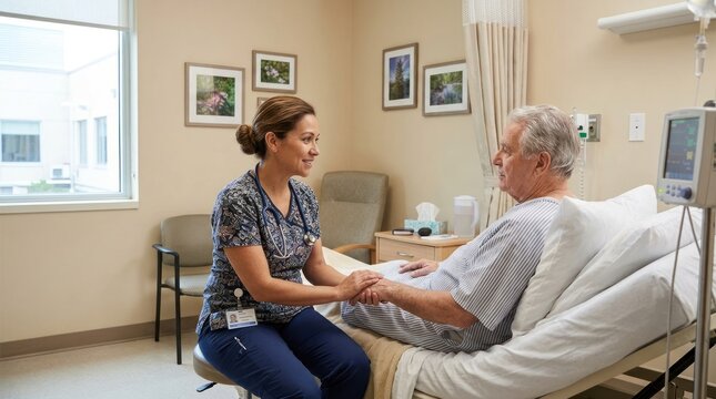 A healthcare worker, likely a nurse, is shaking hands with an elderly patient in a hospital room.