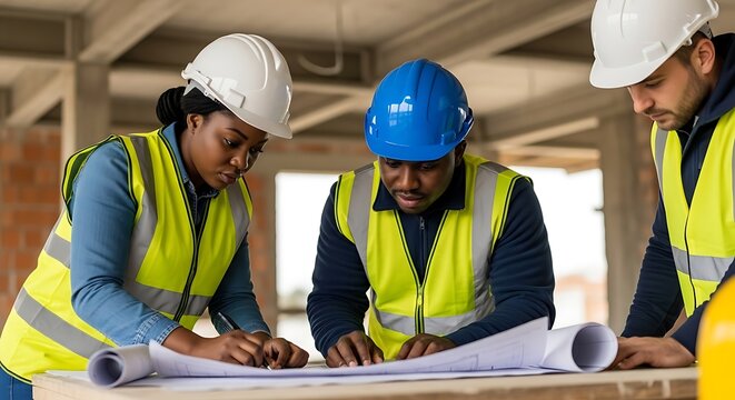 Construction team collaboration architects reviewing blueprints on a building site