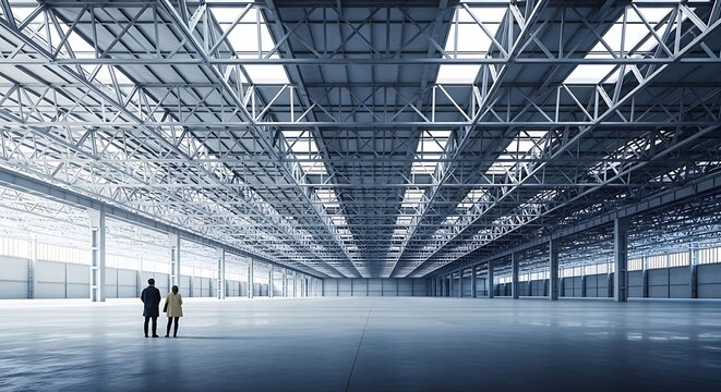 Vast industrial space an empty warehouse interior with two figures