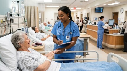 Obraz premium A nurse in blue scrubs stands beside a patient in a hospital bed, holding a clipboard and smiling.