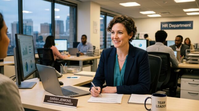 A woman named Sarah Jenkins, identified as a Team Leader in the HR Department, is seated at a desk in an office setting.