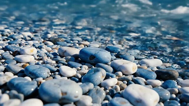 Close-up of smooth, colorful pebbles on a beach with gentle waves lapping the shore.