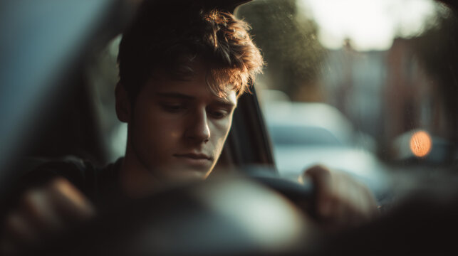cinematic film still, Polish man around 20 years old, short dark hair, natural face, seated in the driver seat of a compact car, calm expression