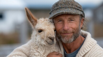 Fototapeta premium A heartwarming scene of a man cuddling a baby alpaca, showcasing the bond between humans and animals, portraying love, affection, and the beauty of companionship in nature.
