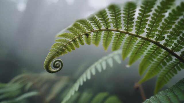 Close Up Fern Fronds Curling Under Soft Forest Light.