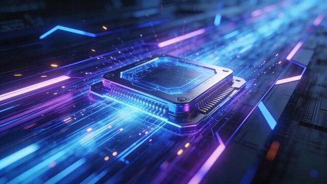 Futuristic microchip with glowing blue and purple speed lines and motion blur on a dark circuit board background