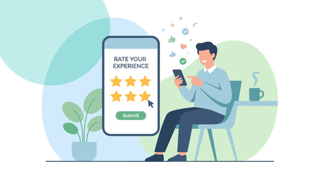 Adult Man Using a Smartphone for Rating App.