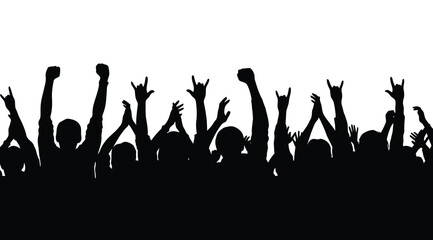 Fototapeta premium Crowd of people cheering with hands raised in silhouette