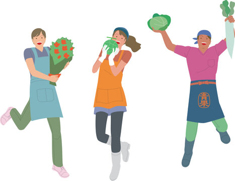 花屋と果物屋と八百屋の男性と女性。元気で働くイメージのイラスト
