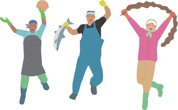 ホタテ、魚、昆布、漁師の男性と女性。元気で働くイメージのイラスト