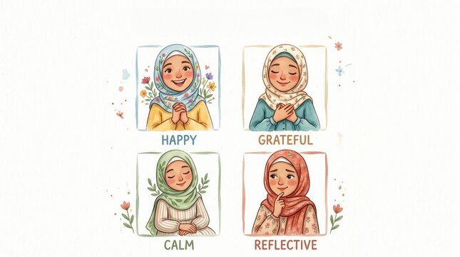 Four illustrated Muslim women display happiness, gratitude, calm, and reflective emotions