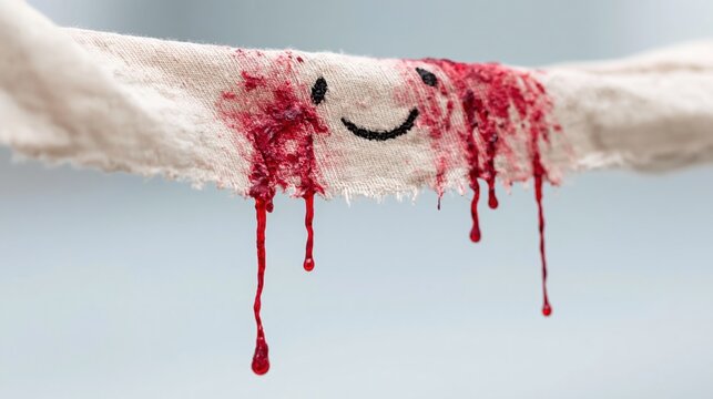 A piece of fabric stained with red and depicting a smiley face evokes a powerful contrast between innocence and violence, provoking thoughts on deeper themes of conflict.