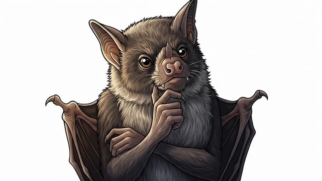 Illustrated thoughtful bat with folded arms and finger to chin on white background