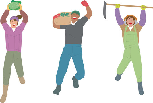 野菜、コメ、農業の男性と女性。元気で働くイメージのイラスト