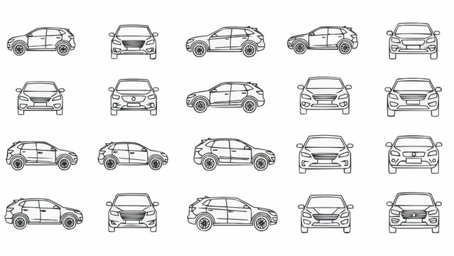 Detailed Outline Drawings of Various SUV Car Models from Multiple Angles.
