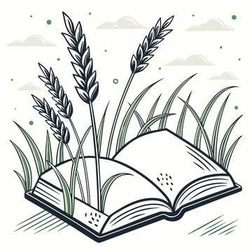 Open book with grass and wheat clouds green