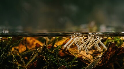 Naklejka premium Mosquito larvae lined along water surface among leaf litter