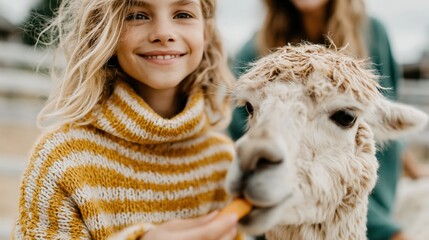 Obraz premium A cheerful girl interacts with a fluffy alpaca, sharing a treat and showcasing the bond between humans and animals in a serene outdoor farm setting filled with joy.