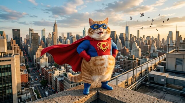 A cat dressed as a superhero stands on a rooftop overlooking a cityscape during sunset.