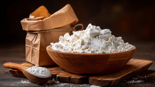 Heap of flour in wooden bowl with spoon and paper bag still life food photography