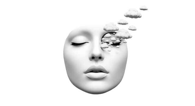 Woman face with puzzle pieces falling.