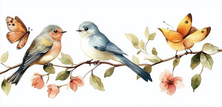 Two small songbirds and two butterflies perched on a flowering branch with pink blossoms, delicate watercolor scene conveying peaceful, gentle springtime warmth