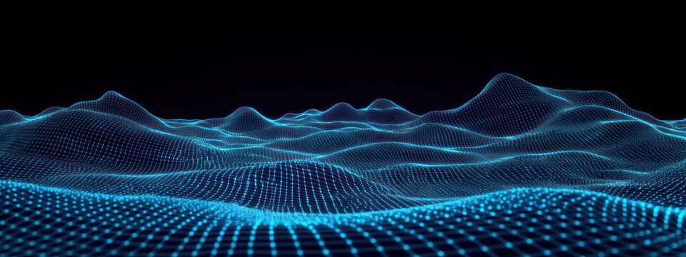 glowing blue wireframe mesh forming an undulating digital landscape of data waves on a dark horizon, futuristic and serene