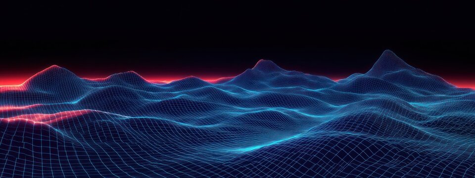 neon wireframe landscape of rolling blue grid mountains with a glowing red horizon, futuristic and mysterious mood